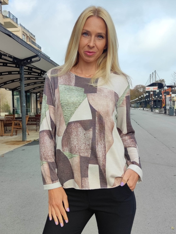 Дамски блуза с геометричен принт в зелено,кафяво и бежово