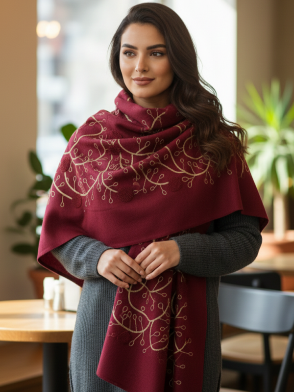 Елегантен топъл шал в бордо с  луксозна златна бродерия