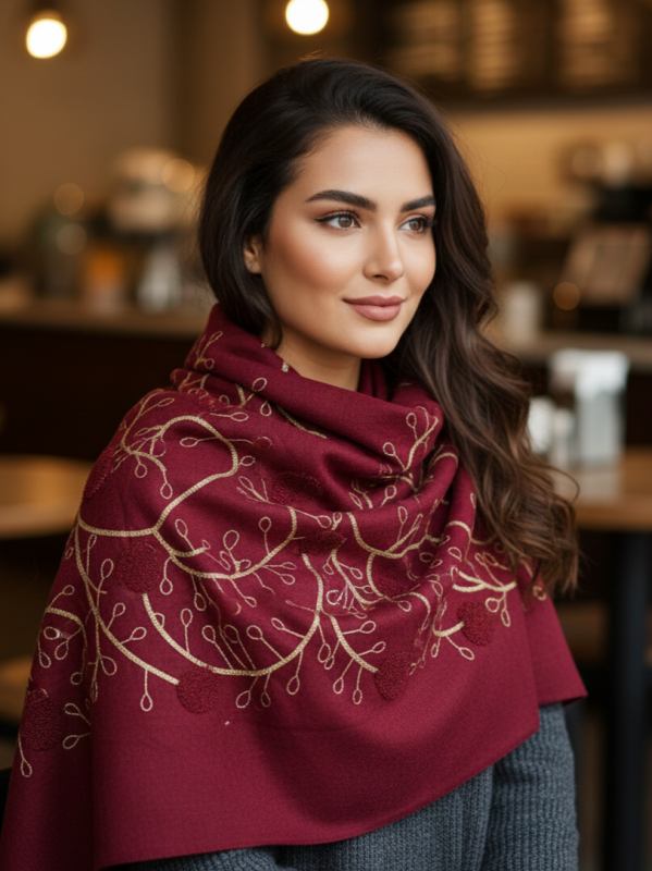 Елегантен топъл шал в бордо с  луксозна златна бродерия