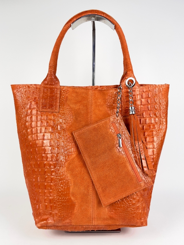 Orange crocodile-print suede handbag