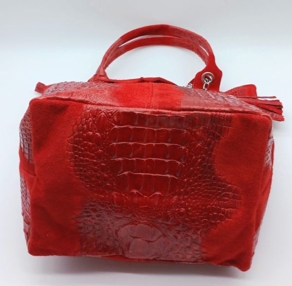 Red crocodile-print suede handbag