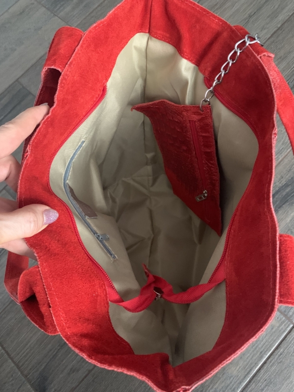 Red crocodile-print suede handbag