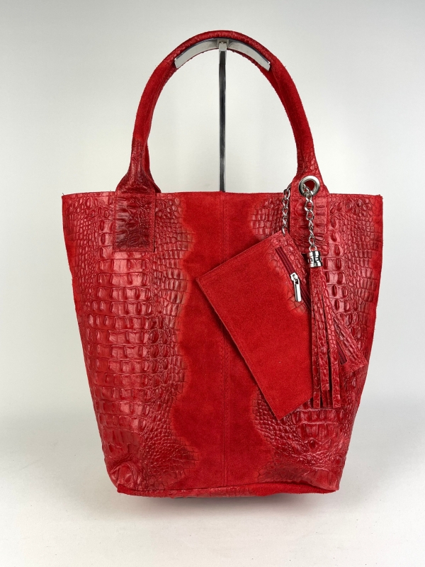 Red crocodile-print suede handbag