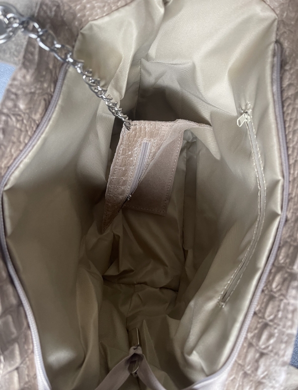 Beige crocodile-print suede handbag