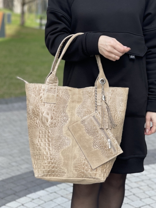 Beige crocodile-print suede handbag