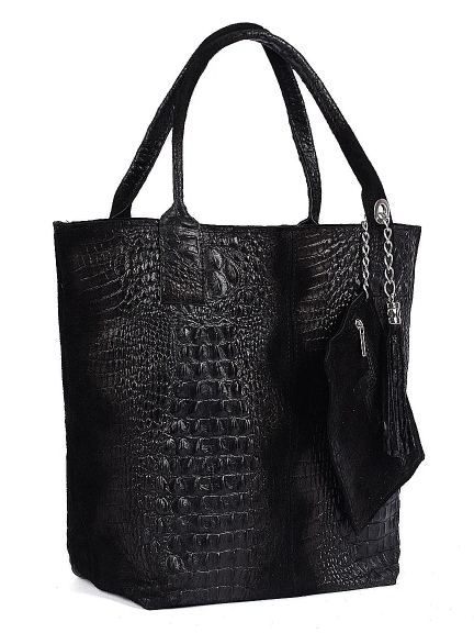 Black crocodile-print suede handbag