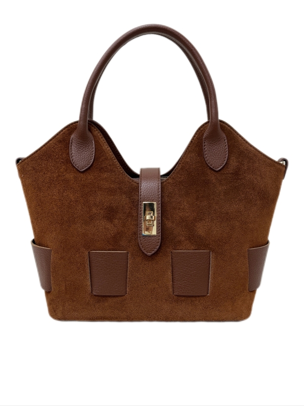 Луксозна дамска чанта от естествена кожа и велур – италиански дизайн, кафява