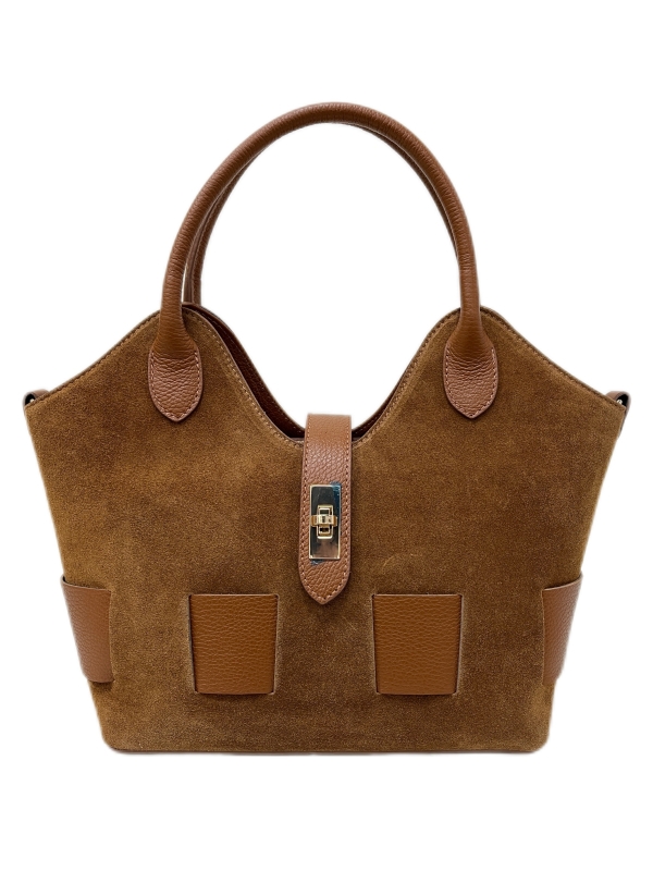 Луксозна дамска чанта от естествена кожа и велур – италиански дизайн, кафява