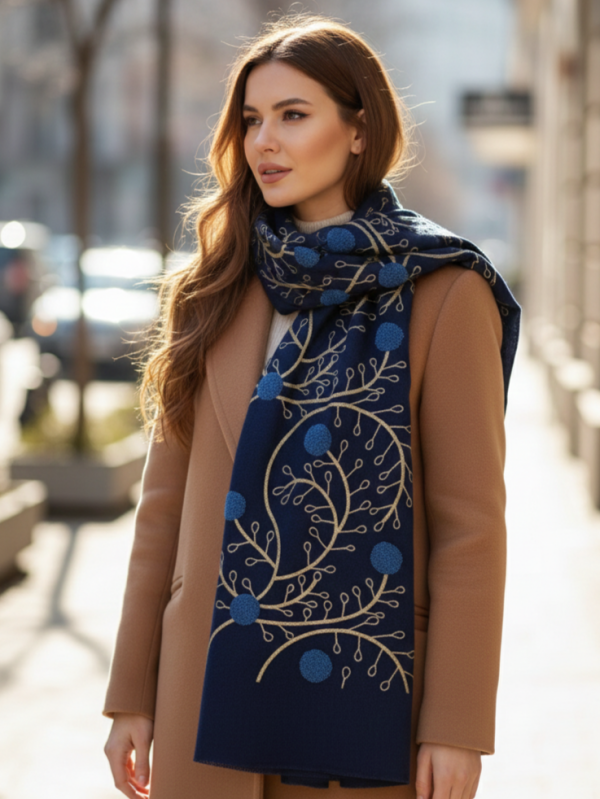 Елегантен топъл шал в тъмно синьо с  луксозна златна бродерия