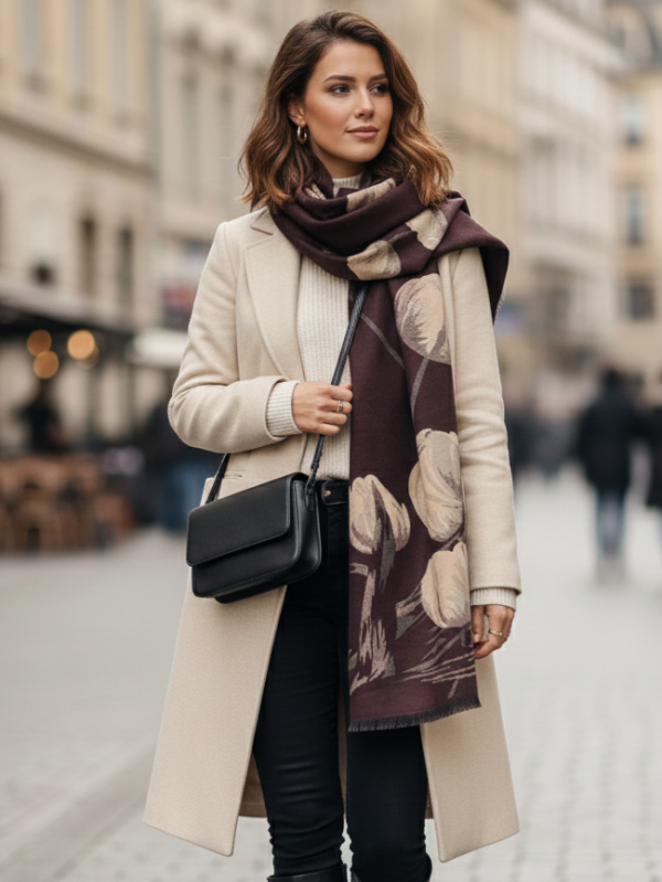 Двулицев дамски шал с  цветен принт в кафяво и бежово