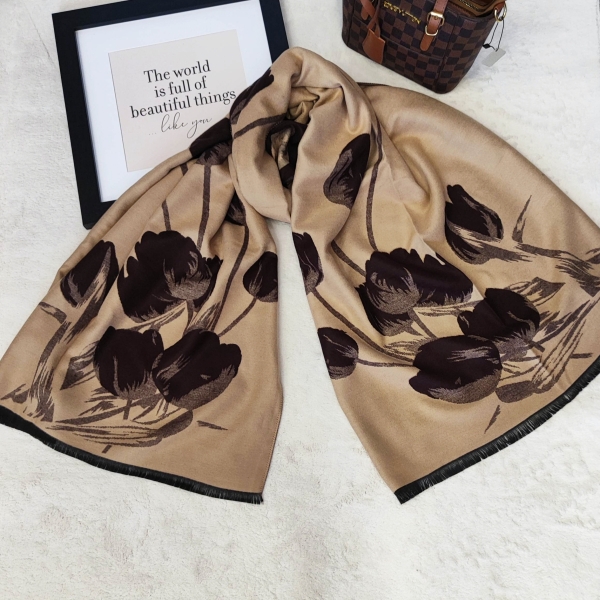 Двулицев дамски шал с  цветен принт в кафяво и бежово