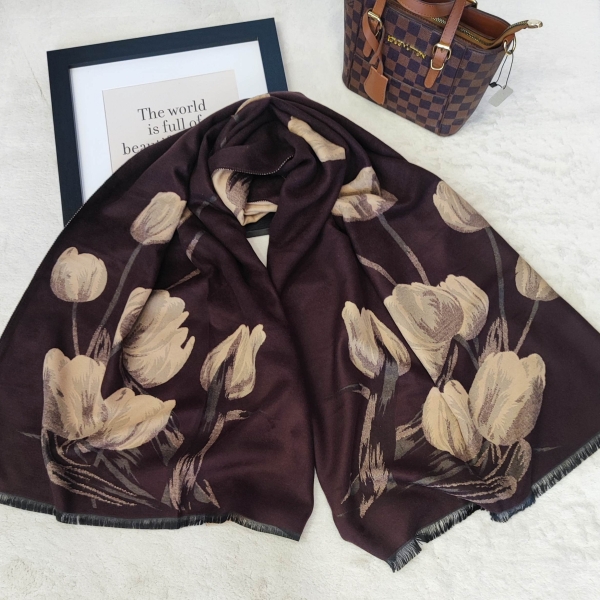Двулицев дамски шал с  цветен принт в кафяво и бежово