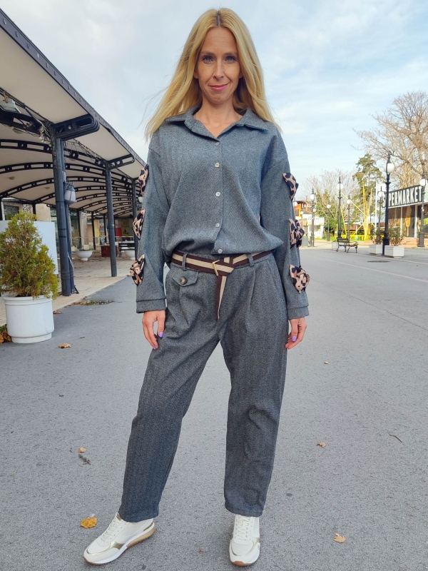 Дамски панталон тип „рибена кост“ в сиво