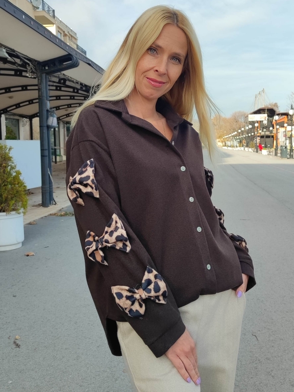 Дамска риза в кафяво с леопардови панделки