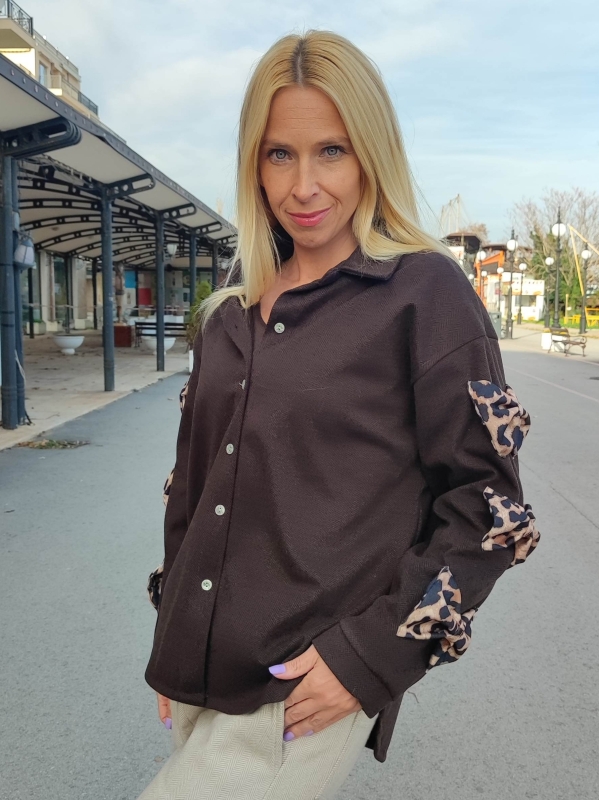 Дамска риза в кафяво с леопардови панделки