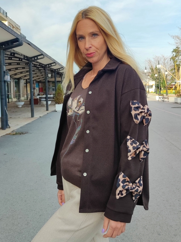 Дамска риза в кафяво с леопардови панделки