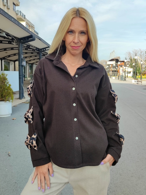 Дамска риза в кафяво с леопардови панделки