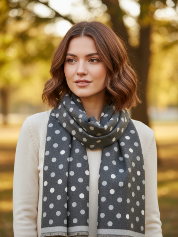 Зимен дамски шал на точки в сиво