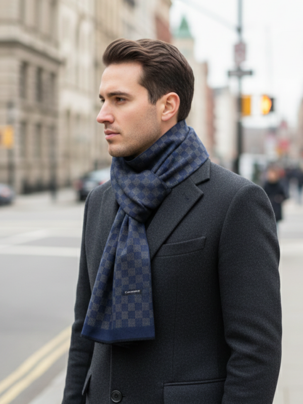 Men's cashmere scarf in gray and blue with check - Winter accessory