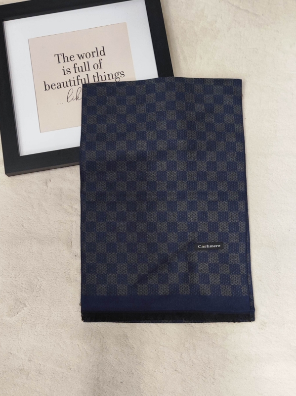 Men's cashmere scarf in gray and blue with check - Winter accessory