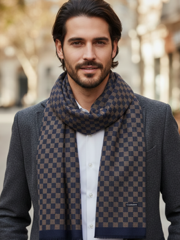 Men's cashmere scarf in dark blue and brown with check - Winter accessory
