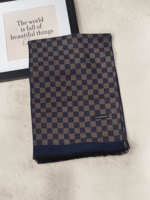 Men's cashmere scarf in dark blue and brown with check - Winter accessory