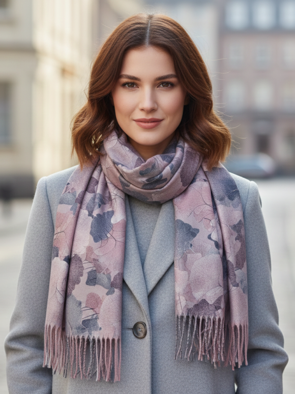 Elegant women's scarf with leaf print - in pink