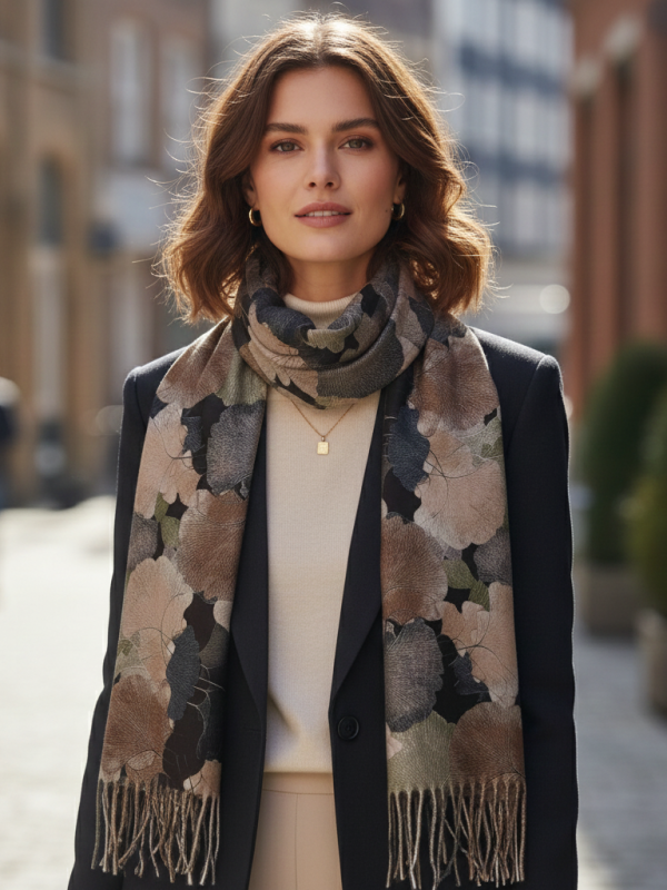 Elegant women's scarf with leaf print - in black