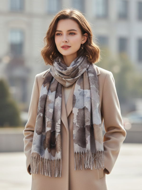 Elegant women's scarf with leaf print - in grey