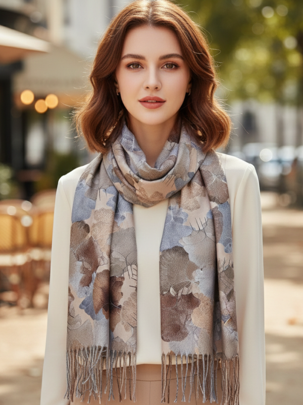 Elegant women's scarf with leaf print - in grey
