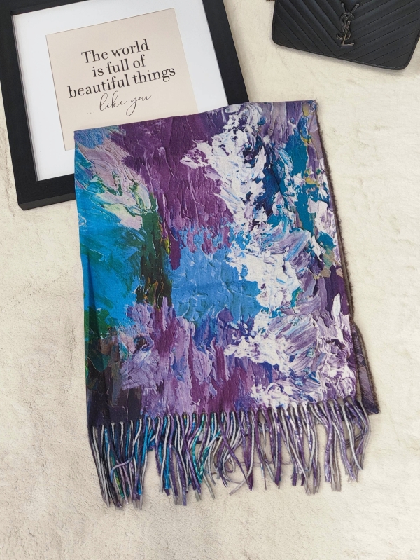Women's scarf "Art Inspiration" - Abstract print in blue and purple with fringe