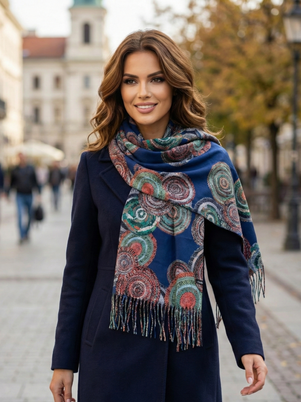 Дамски кашмирени шал на топки в тъмно синьо