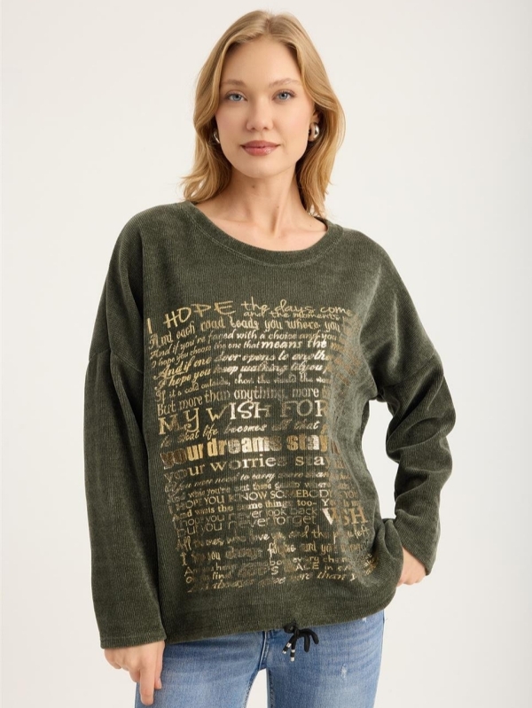 Dark green ribbed blouse with gold lettering | Everyday fashion by Unique Fashion