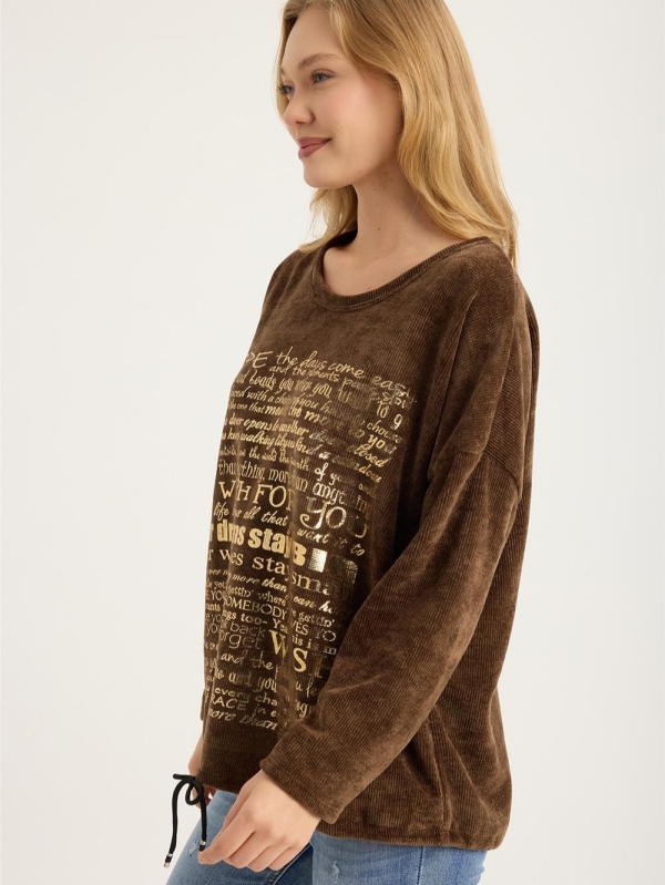 Brown ribbed blouse with gold lettering | Everyday fashion by Unique Fashion