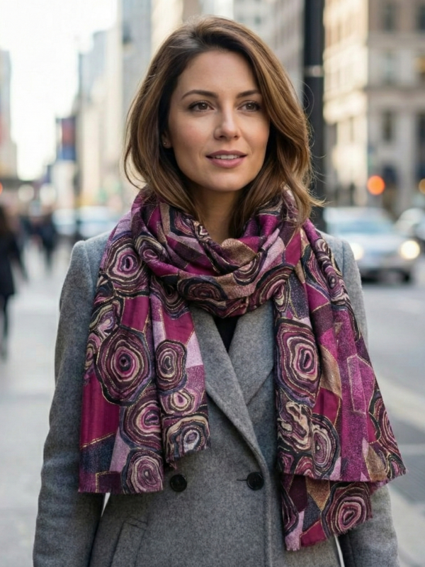 Luxurious women's scarf with artistic pattern in cyclamen