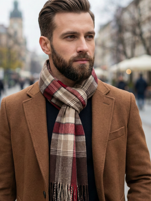 Man wearing a luxurious plaid scarf