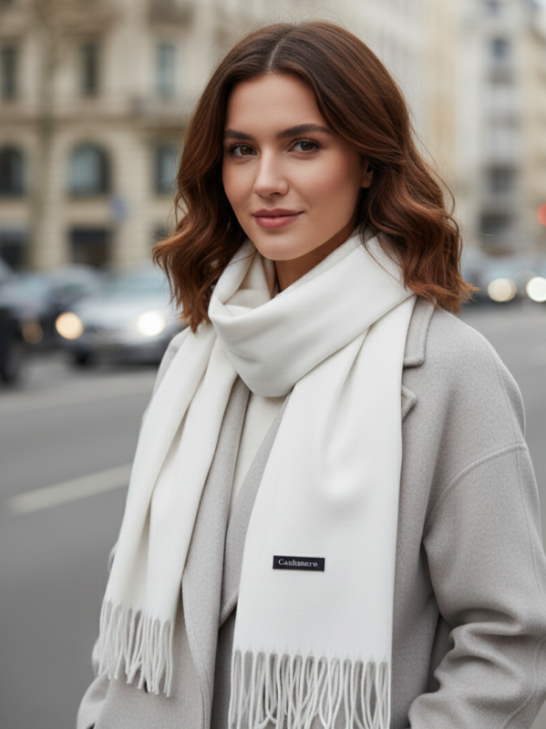Жена облечена в сиво палто и снежно бял шал