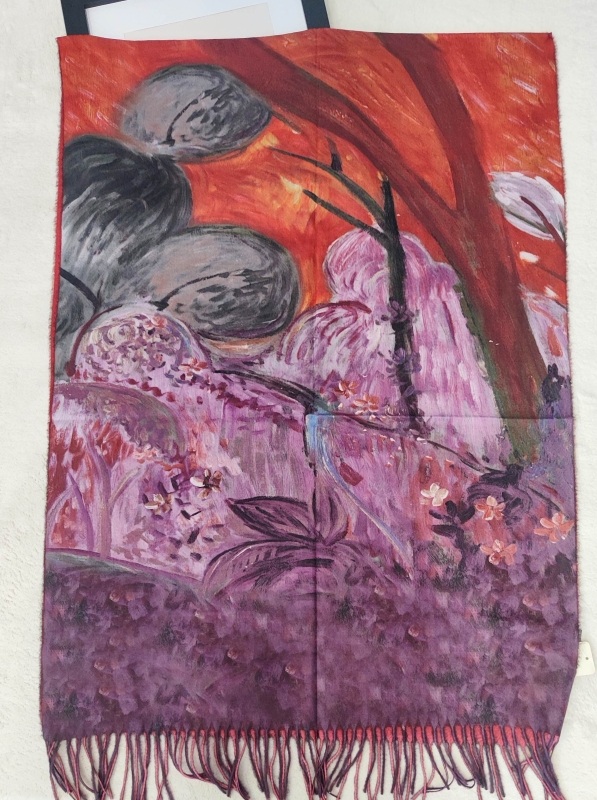 Дамски кашмирен шал с арт принт лилав червен