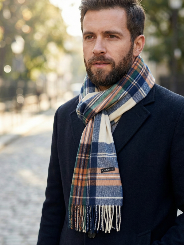 Man wearing a coat and a cashmere plaid scarf
