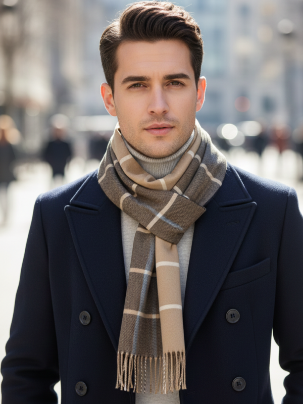 Man wearing a plaid coat and scarf