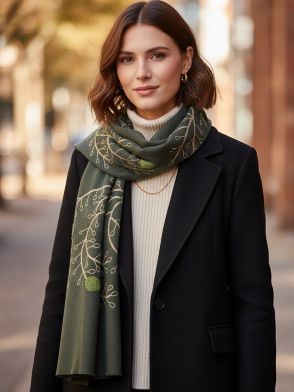 Елегантен топъл шал в зелено с  луксозна златна бродерия