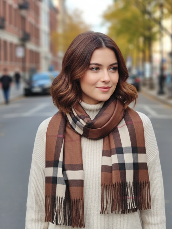 A young woman with an elegant women's scarf in a classic beige plaid (Burberry type) and a white sweater