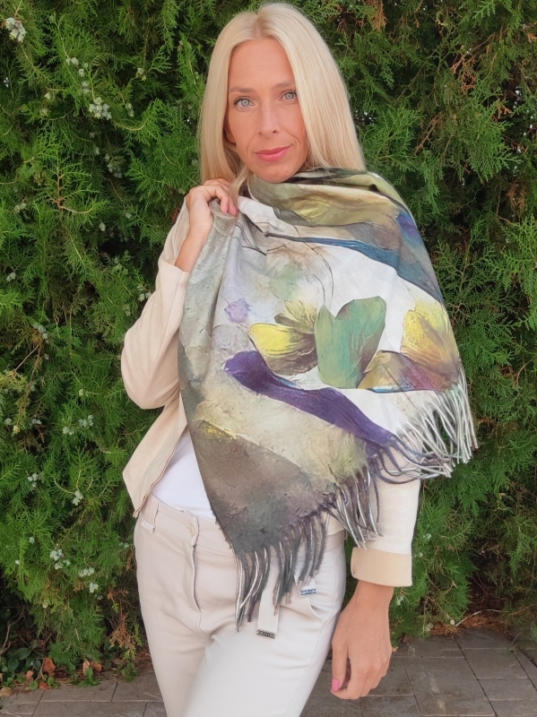 Cashmere scarf "Golden Autumn" with artistic flowers