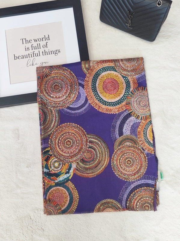 Elegant purple women's scarf with colorful circles and gold threads