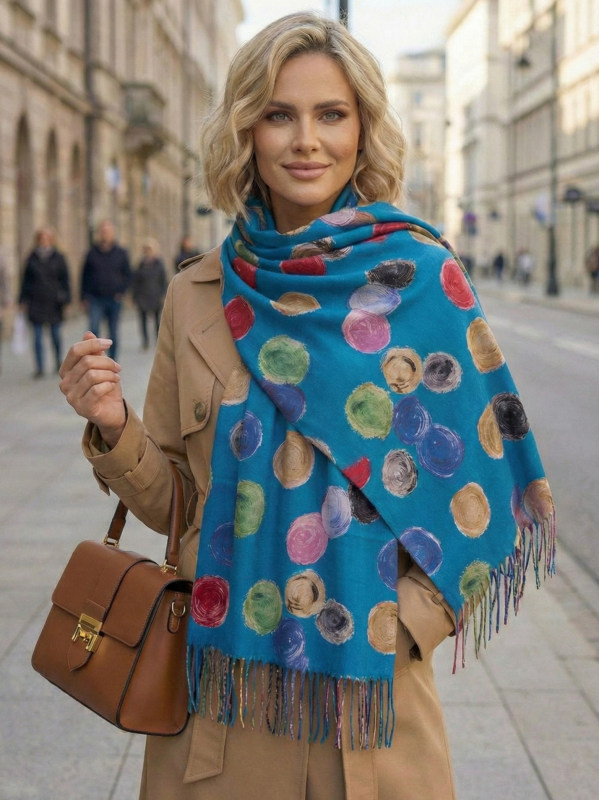 Дамски кашмирен шал на топки  петролено синьо