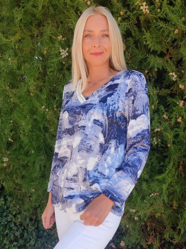Women's blue viscose blouse with V-neck and long sleeves - sizes up to 52