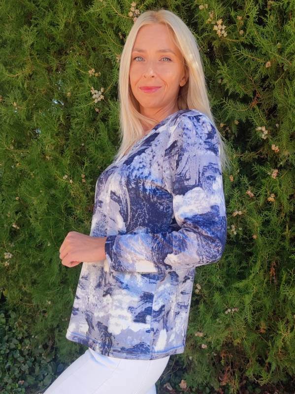 Women's blue viscose blouse with V-neck and long sleeves - sizes up to 52