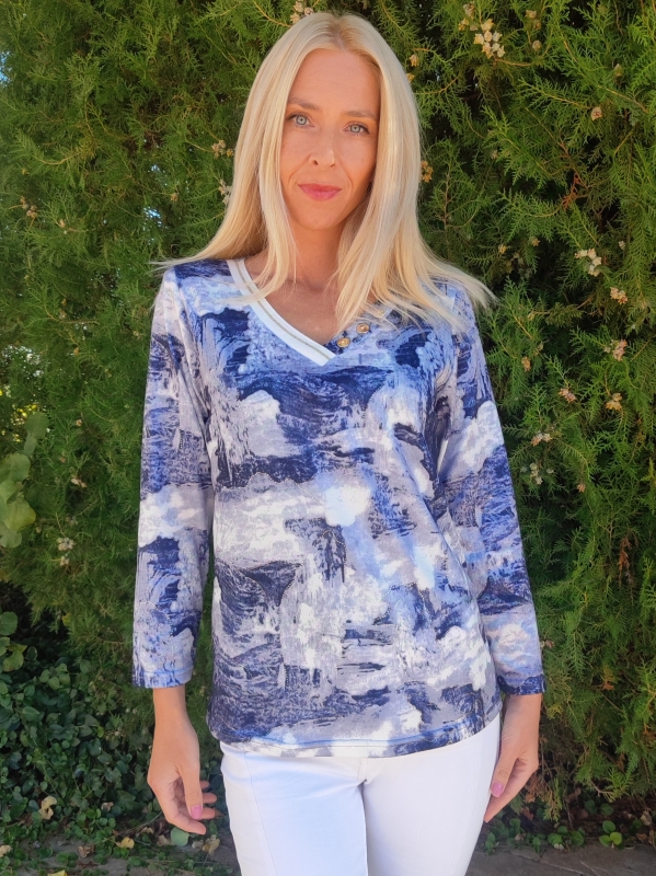 Women's blue viscose blouse with V-neck and long sleeves - sizes up to 52