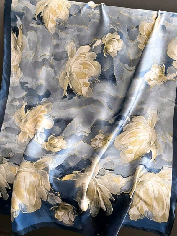 Luxurious satin scarf blue with white flowers
