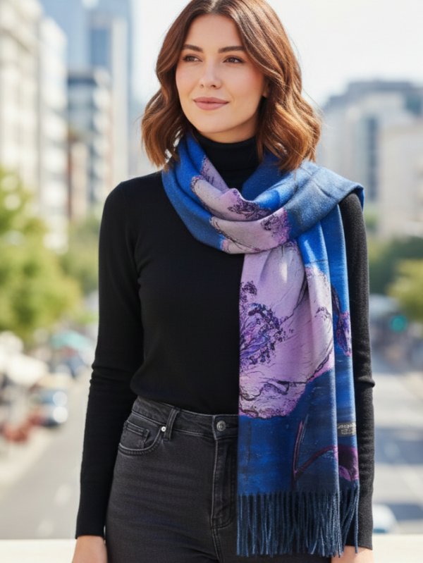 Дамски шал в кралско синьо с големи лилави цветя и ресни, съчетан с черно поло